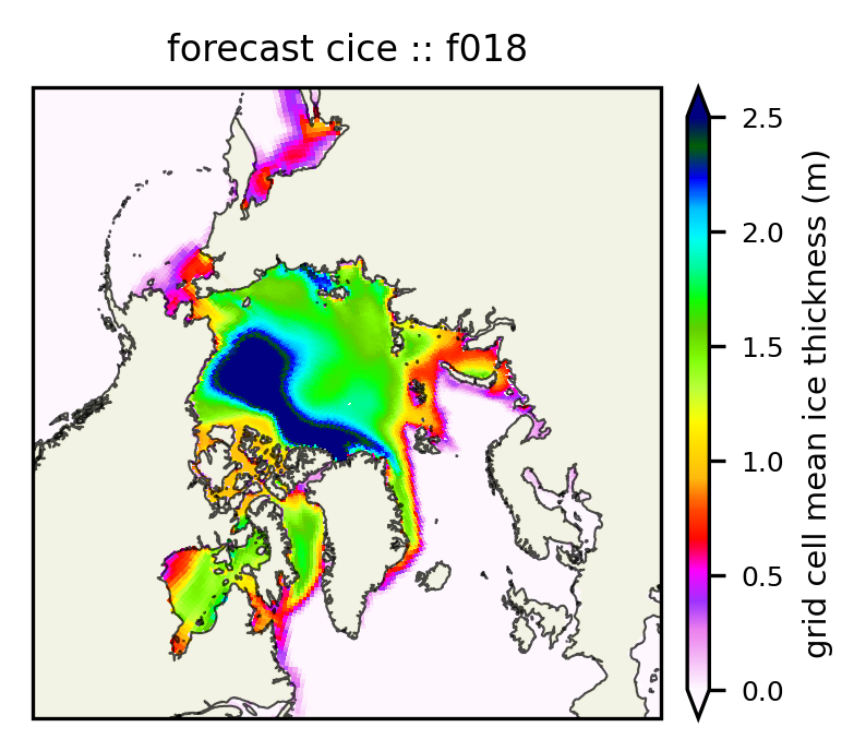 Ice thickness at forecast hour = f018 in CICE file